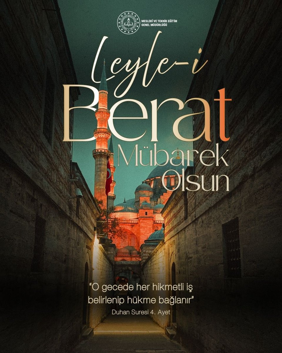 Berat Kandilimiz mübarek olsun. 🌙

Affın, rahmetin ve umutların çoğaldığı bu mübarek gecenin; başta eğitim camiamız olmak üzere aziz milletimize sağlık, huzur ve hayırlar getirmesini diliyoruz.

Duaların kabul olduğu, gönüllerin arındığı bir gece temennisiyle…

#MTEGM