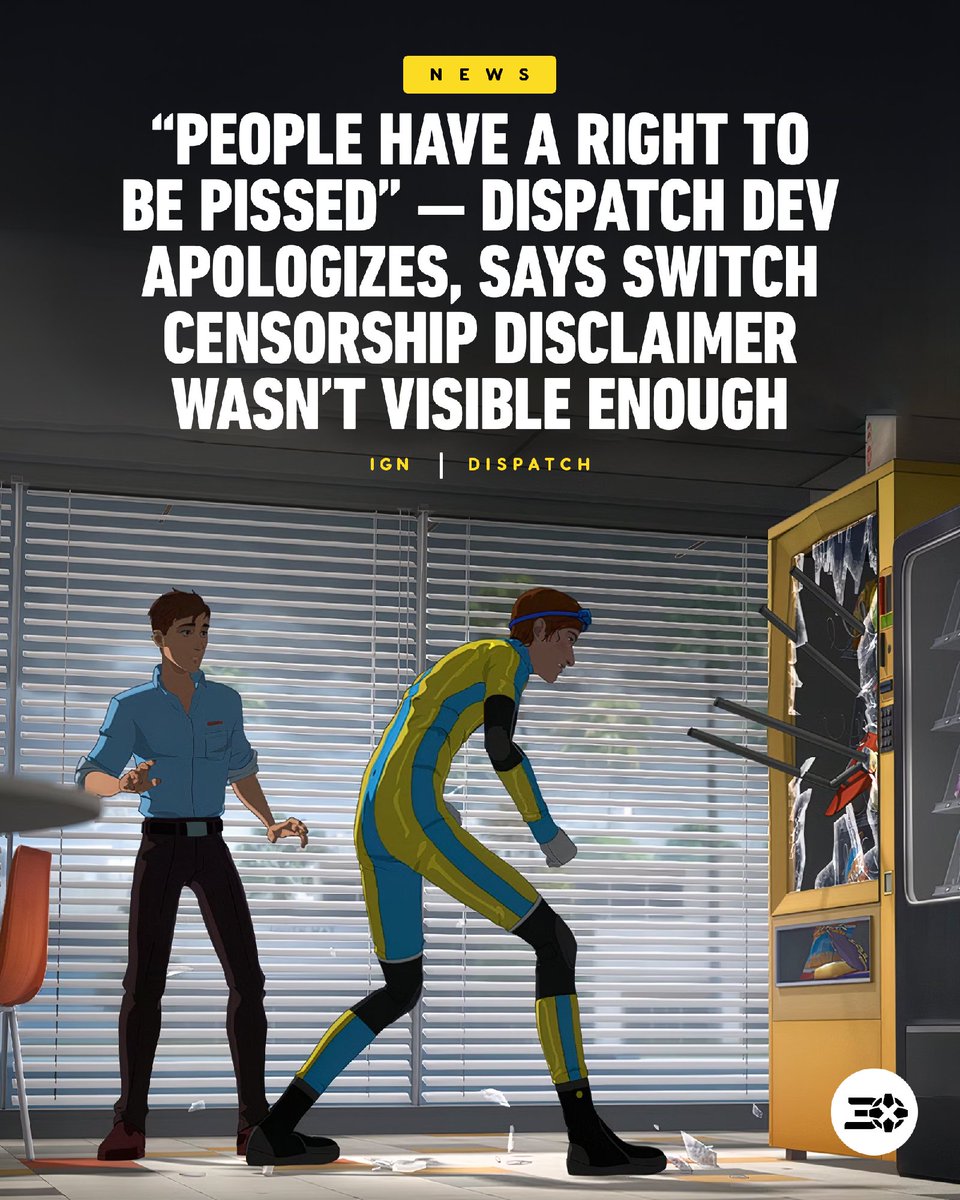 IGN's tweet photo. The developer of Dispatch, a game censored for release on Nintendo Switch, has apologized to fans and said it that its own disclaimer on the changes should have been more visible. https://t.co/Pb6LxRRDhB https://t.co/25xXfke5l8