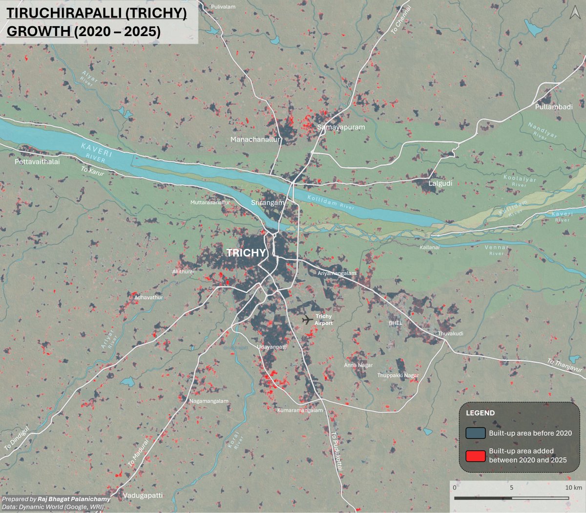 #3: #Map shows builtup growth around #Trichy since 2020

Huge amount of development have happened in the southern side in the roads leading to Madurai, Dindigul, Pudukottai, and Thanjavur. Also some amount of builtup expansion has been seen along GST road to Chennai closer to