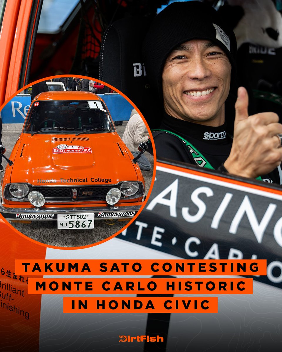 Former F1 driver and Indy 500 winner Takuma Sato is rallying 🇯🇵

He's driving car #1 - a 1975 Honda Civic - at the Monte Carlo Historic Rally 🇲🇨