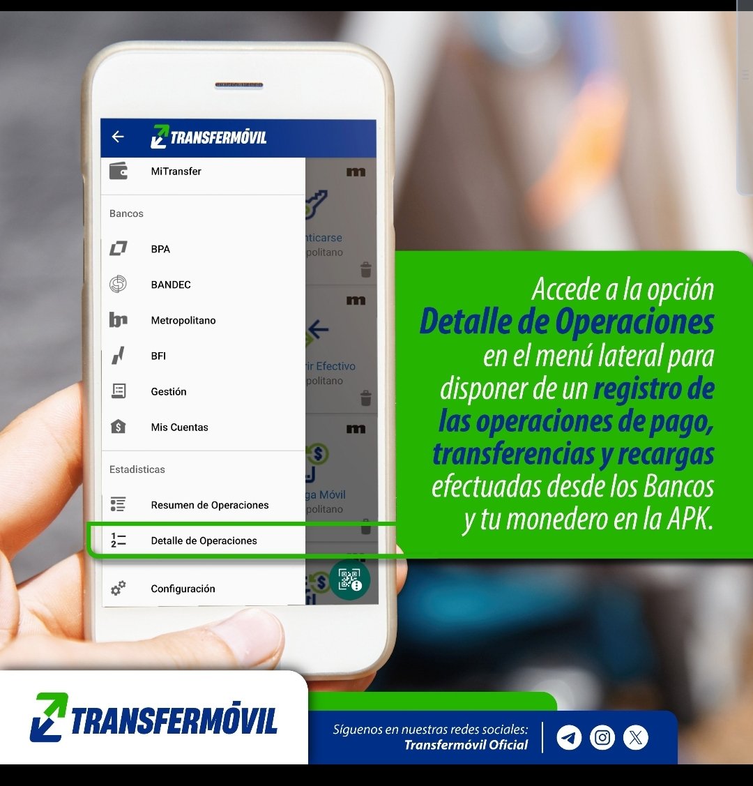 Monitorea fácilmente las operaciones efectuadas desde los módulos bancarios y tu monedero accediendo a Detalle de Operaciones en #Transfermóvil. 📑📱
#EtecsaTeAcompaña 
#EtecsaConCuba