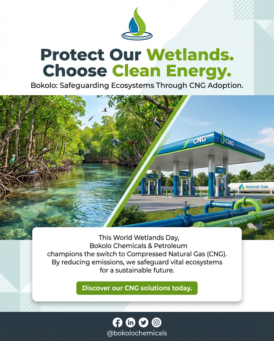 Wetlands play a critical role in preserving biodiversity and maintaining ecological balance.

This World Wetlands Day, Bokolo Chemicals &amp; Petroleum reaffirms its commitment to environmental sustainability by promoting the adoption of Compressed Natural Gas (CNG).