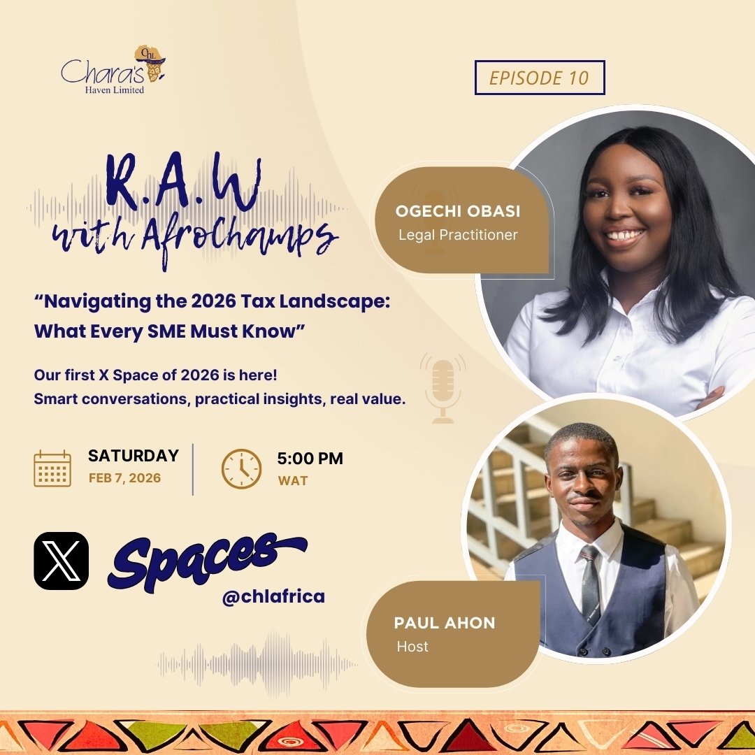 We are excited to share that Episode 10 of R.A.W with AfroChamps will now hold as follows:

🗓 Date: Saturday, February 7, 2026
⏰ Time: 5:00 PM WAT
📍 Live on X Spaces (<a href="/chlafrica/">CHL Africa - Chara's Haven Limited</a>):
🔗 x.com/i/spaces/1lPKq…

We look forward to an insightful conversation. #AfroChamps #CHLAfrica