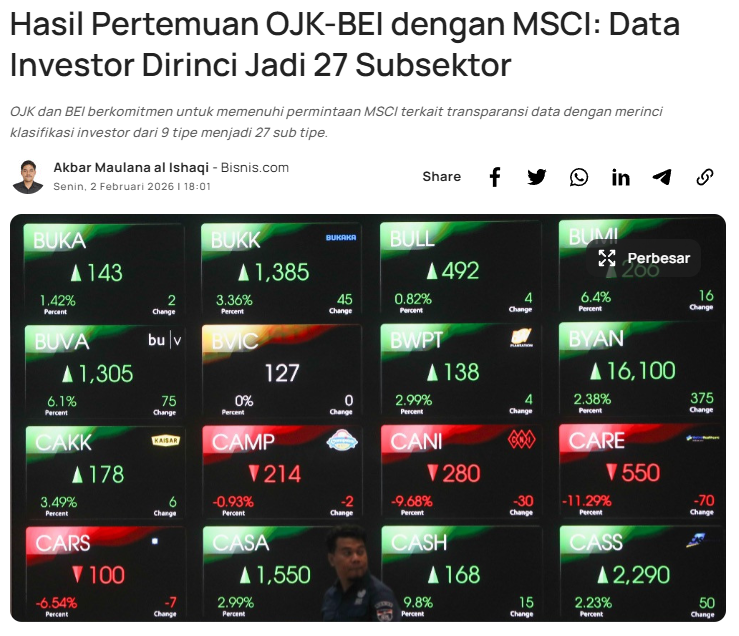desmondwira's tweet photo. Hasil Pertemuan OJK-BEI dengan MSCI

Beberapa poin penting:
• Peningkatan batas free float minimum dari 7,5% menjadi 15%
• Membuka data kepemilikan pemegang saham dengan porsi lebih dari 1% (bukan cuma 5%)
• Klasifikasi investor di KSEI, dari 9 jadi 27 sub tipe investor

Apakah bisa bikin pasar saham IHSG naik besok?

Sumber:
https://t.co/qI288I391u