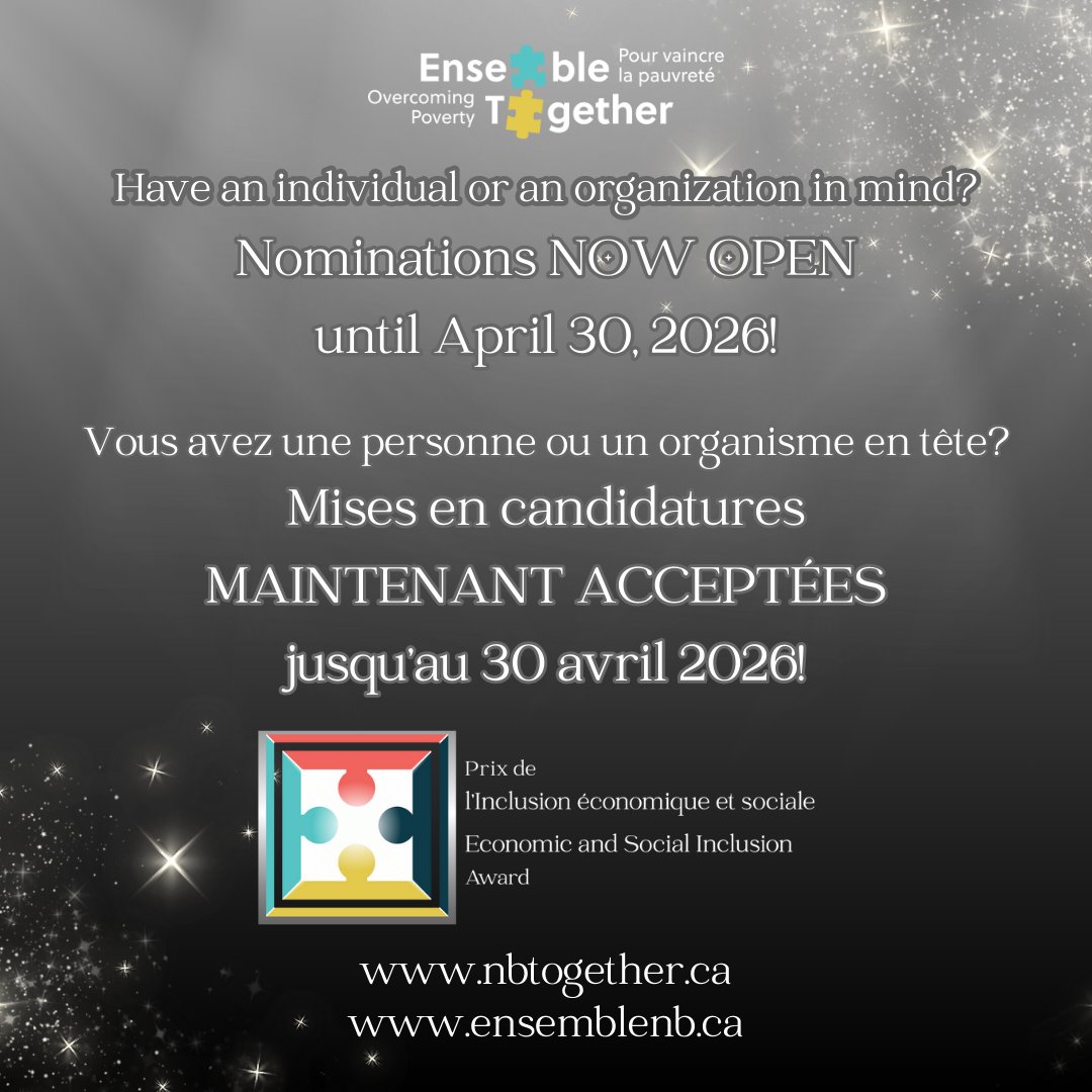 Now’s the time to submit your nominations for the Economic and Social Inclusion Award! Visit nbtogether.ca for details. Nominations will be accepted until April 30; if an individual or an organization makes a difference in your community, we’d love to hear about it! 💫