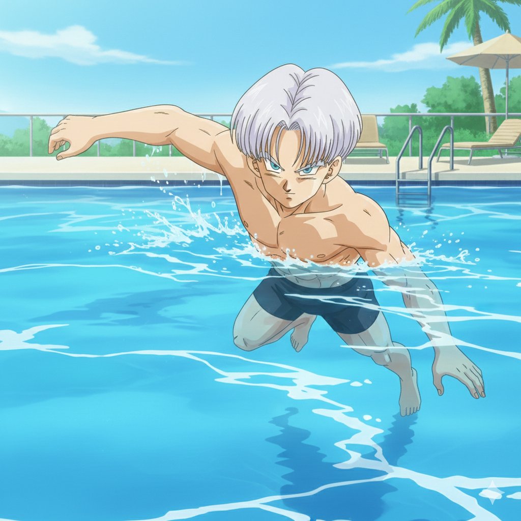 RKurosaki1001's tweet image. Trunks swimming in the pool.  

(Used Google Gemini) 

#TeenTrunks #Trunks #Anime #cool #cute #hot #shirtless #shirtlessanimeboys