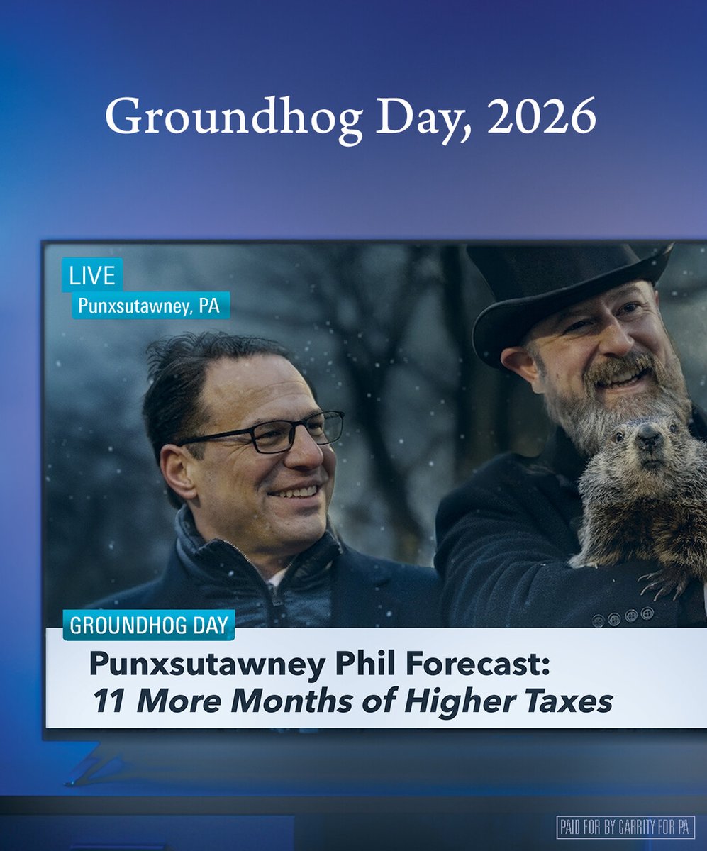 GarrityForPA's tweet image. #PunxsutawneyPhil emerged… and saw Josh Shapiro’s shadow. Phil immediately went back into hibernation. 

6 more weeks of winter, 11 more months of higher taxes for Pennsylvanians. #GroundHogDay #GroundHogDay2026