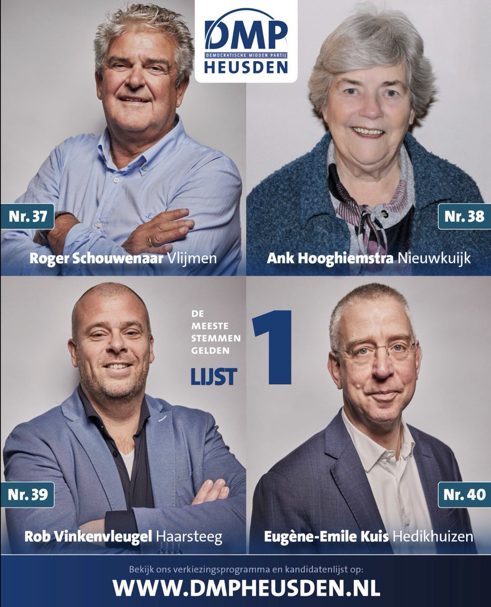 4️⃣0️⃣ Eugène-Emile Kuis uit Hedikhuizen

3️⃣9️⃣ Rob Vinkenvleugel uit Haarsteeg

3️⃣8️⃣ Ank Hooghiemstra uit Nieuwkuijk

3️⃣7️⃣ Roger Schouwenaar uit Vlijmen

➡️ Meer weten over onze kandidaten ? Neem dan een kijkje op de website: dmpheusden.nl/kandidatenlijst