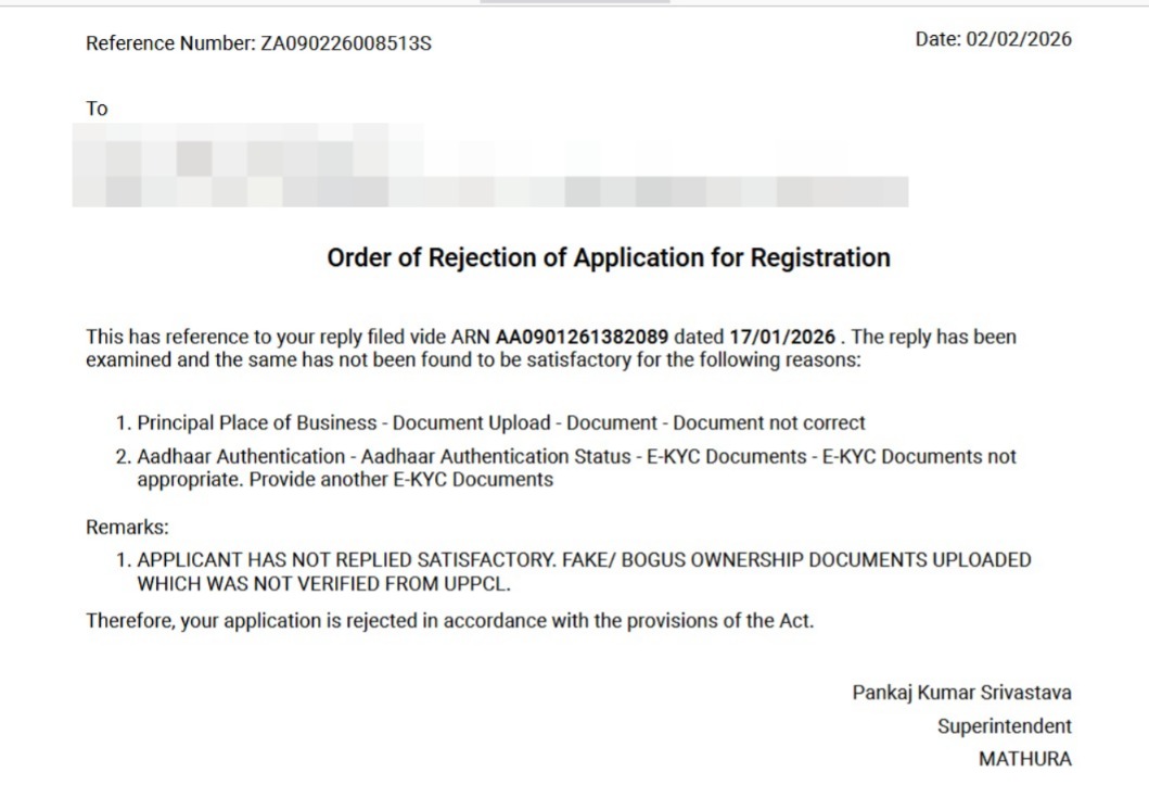 prasadpuju's tweet photo. @GST_Council @FinMinIndia @cgstuttarpradesh
GST registration application rejected by CGST Mathura office (Superintendent Pankaj Kr. Srivastava), citing “fake ownership documents.”
All submitted documents are genuine and legally valid, and Aadhaar verification has been done. https://t.co/vT5RwBHq3y