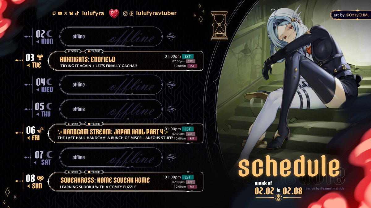 I know, I know, I'm late with the schedule!!! I'm sorry!! 😭

Hopefuly this will be a chill and fun week!

TUE ➜ Arknights: Endfield
FRI ➜ ✨ Handcam stream ✨ Japan Haul part 4: the last haul
SUN ➜ Squeakross

#vtuber #ArknightsEndfield #japan #haul #sudoku #squeakross
