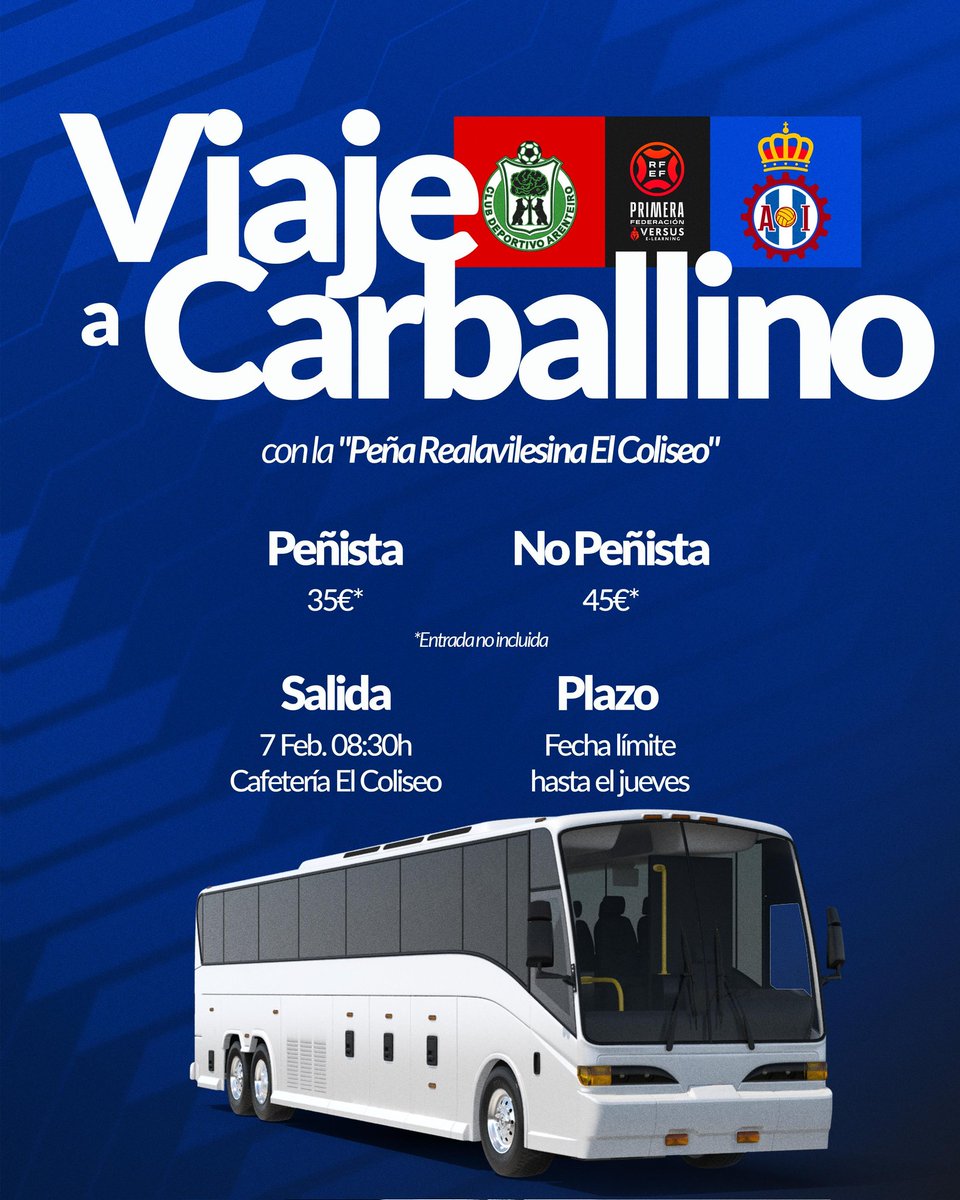 🚍 Viaja con la Peña "Realavilesina El Coliseo" a Carballino

📝 Inscríbete en su sede (Cafetería El Coliseo) o bien en nuestra tienda hasta el jueves

🪙 Precio SIN entrada al partido
➡️ Peñista: 35€ | No peñista: 45€

#RealAvilésIndustrial 🔵⚪🔴