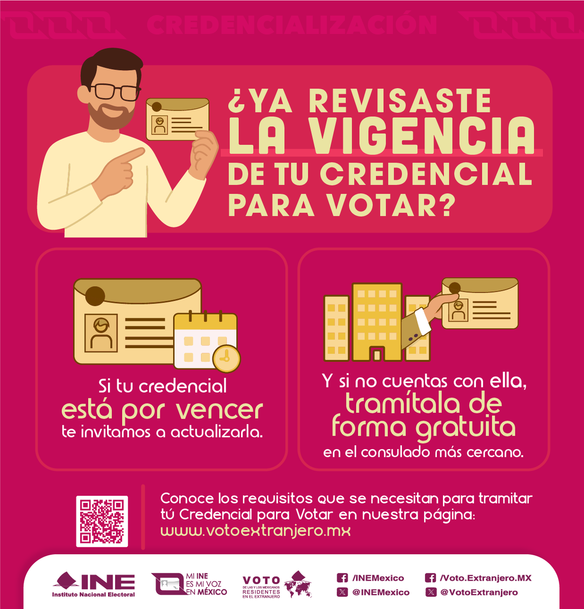 📷Revisa la vigencia de tu credencial, y si ya expiró. ¡Actualízala! 🗳
#VotoExtranjero #INEMéxico <a href="/INEMexico/">@INEMexico</a>