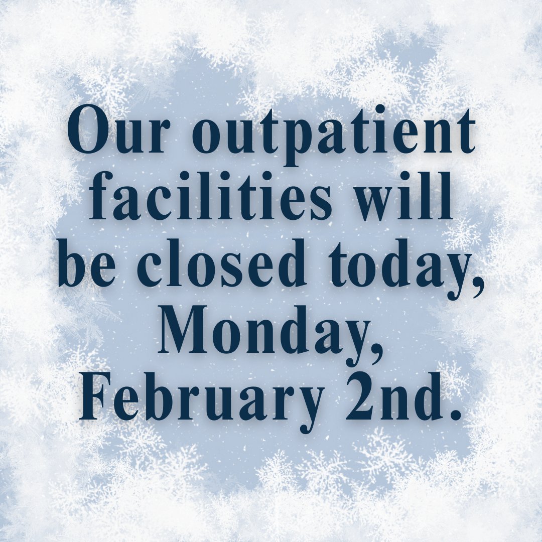 KeystoneYork's tweet image. ❄️ Weather Update ❄️
Reminder: Outpatient locations are closed today (Mon, Feb. 2) due to weather.

Inpatient facility open 24/7. Emergencies: 803‑324‑0404.

Stay warm &amp;amp; safe. Check back for updates.
