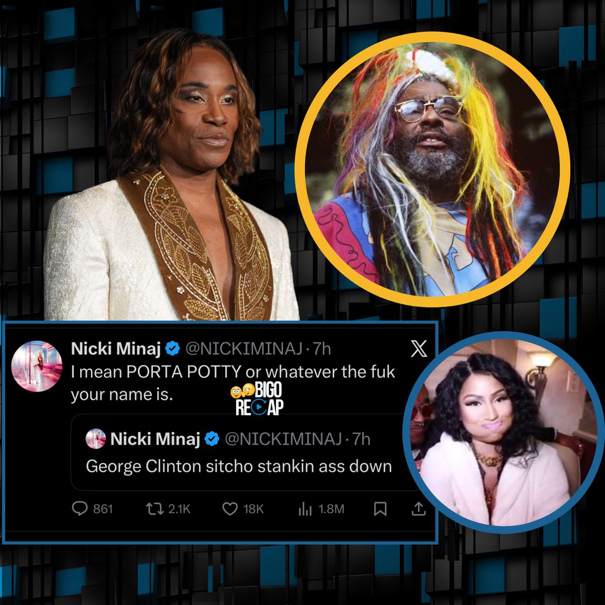 #NickiMinaj subsequently claps back @ #BillyPorter in tweet referencing to him favoring American Singer/Song writer #GeorgeClinton &amp; a “Porta-Potty” . 
Take a look! 😯👀🚽 

#Bigorecap #Bigolive #Bigousa #Bigo