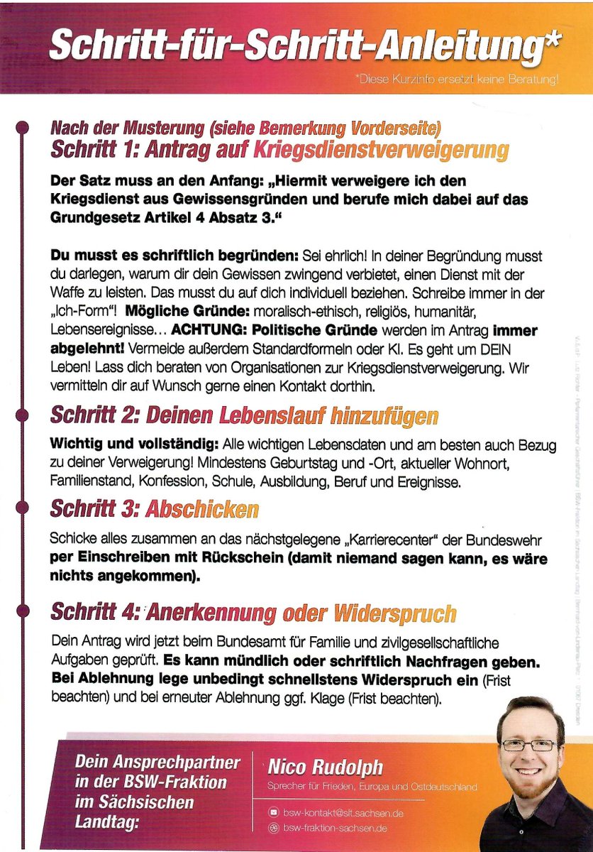 Tipps des BSW zur #Kriegsdienstverweigerung
Ansprechpartner: Nico Rudolph
bsw-kontakt@slt.sachsen.de