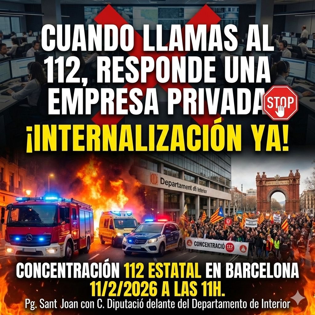 #112EnLluita✊

#112 #112Emergencies #Emergencies #Vaga112 #Vaga112Catalunya #112Catalunya #ServeiPublic112 #NoALaExternalitzacio #EnCatala #EnCatalà #Catalunya#Cataluña  #Catalonia #LHospitaletDeLlobregat #Barcelona #Reus #Lleida #Tarragona