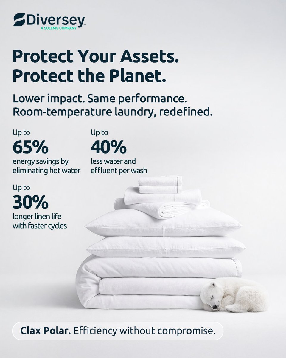 Snowy white linen now at Room Temperature! ❄️

For years, pristine whites meant hotter washes, higher energy bills, and a heavier environmental footprint.

Our revolutionary laundry solution, Clax™️ Polar, delivers brilliant white linen at room temperature, helping hotels rethink