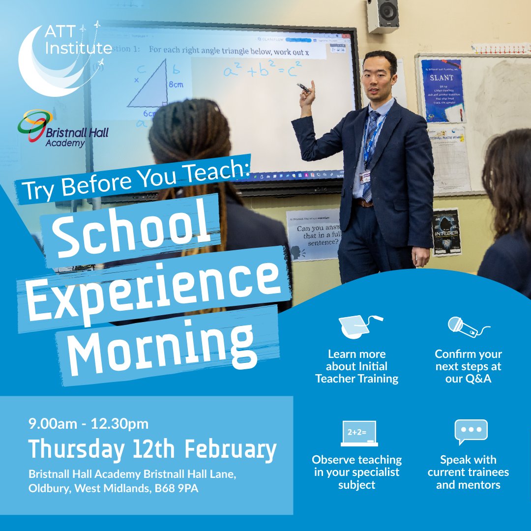 AcademyTrust's tweet image. Still thinking about your post-uni career? Give #teaching a try at our #secondaryschool experience morning! 👨‍🏫
Visit our OUTSTANDING @BHallAcademy, speak to current trainees and find out what teaching is really like. 

Find out more &amp;amp; register via the DfE: schoolexperience.education.gov.uk/candidates/sch…