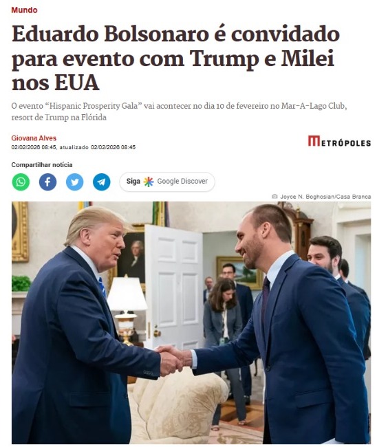 carteiroreaca's tweet image. EDUARDO BOLSONARO SEGUE PRESTIGIADO NO CÍRCULO DE TRUMP

Em março, em Mar-a-Lago, na Flórida, durante o Latino Gala, Eduardo Bolsonaro deve se encontrar com Donald Trump, em um evento que também contará com a presença do presidente argentino Javier Milei, reunindo lideranças…