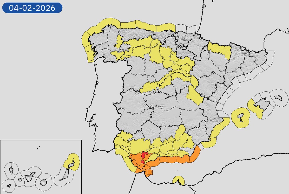 AEMET_Esp's tweet photo. 02/02 19:06 AVISOS PASADO MAÑANA | España: vientos, lluvias, costeros y nevadas. Nivel máximo de aviso: rojo.
Actualizaciones en https://t.co/BLdoSsO2Qv https://t.co/shTZ6RfGeW