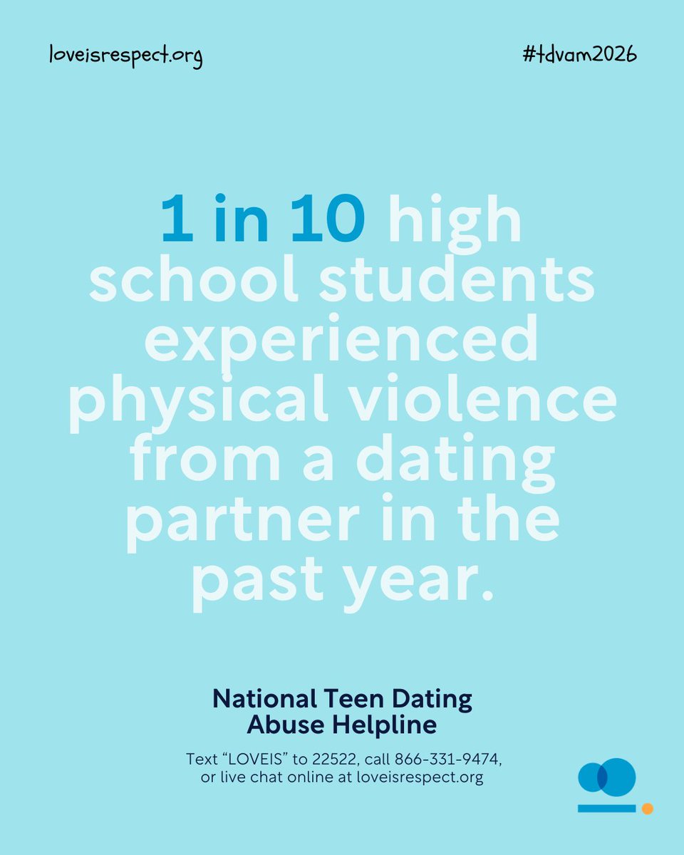 1 in 10 high school students face dating violence. If you’re in a similar relationship, know this: You are not alone. You are deserving of a healthy relationship. February is #TDVAM. Learn more at loveisrespect.org or call our hotline for support: (800) 456-1172.