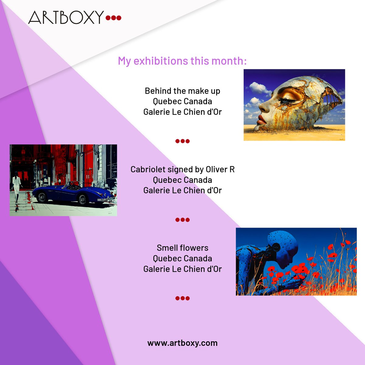 OliverArtNFTs's tweet photo. My exhibitions this month Gallery Le chien d'or 🇨🇦 Quebec
Let's go 🇨🇦🇨🇦🇨🇦🇨🇦🇨🇦🇨🇦🇨🇦🇨🇦🇨🇦🇨🇦🇨🇦
#nftart #nftcollector #artgallery #Artboxy
#XnftCircle #OliverArtNFTs https://t.co/kXnHHtObCJ