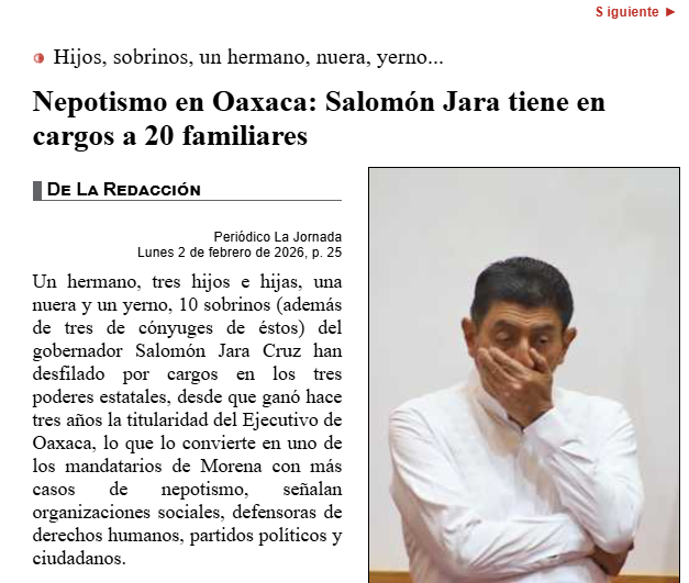 MLopezSanMartin's tweet photo. En Oaxaca, el gobernador Salomón Jara convirtió el gobierno en un árbol genealógico

Hijos, sobrinos, hermano, nuera y yerno ocupan al menos 20 cargos en el gobierno

Pasaron de prometer acabar con el nepotismo, a colocar a la familia entera en el poder

[📷 La Jornada ] https://t.co/hOChcFyJe9