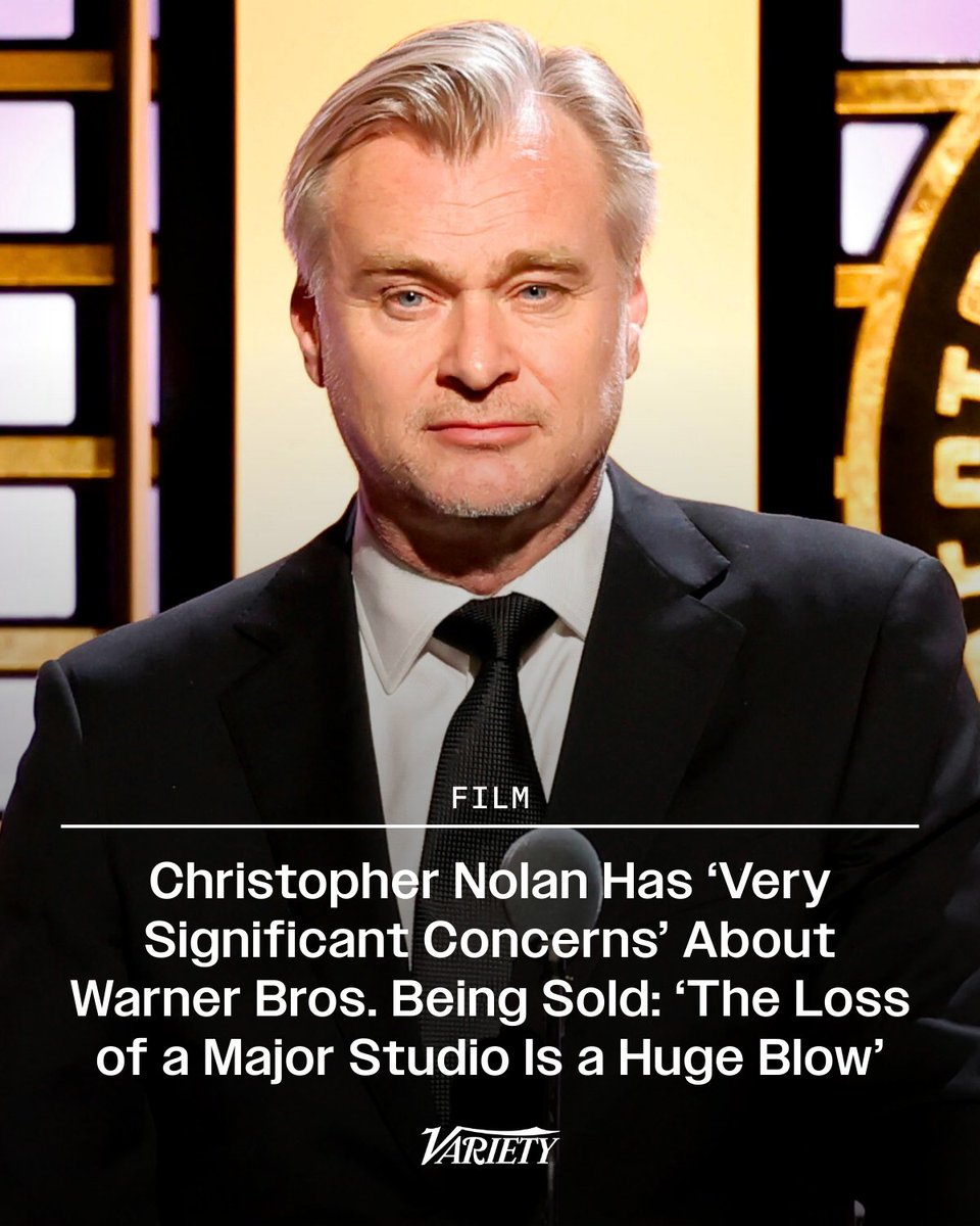 Variety's tweet photo. #ChristopherNolan says he has some “very significant concerns” about Warner Bros. being sold to Netflix:

“I think it’s a very worrying time for the industry. The loss of a major studio is a huge blow... There are encouraging noises, but that’s not the same as commitments.”

https://t.co/N02Mx39xwy