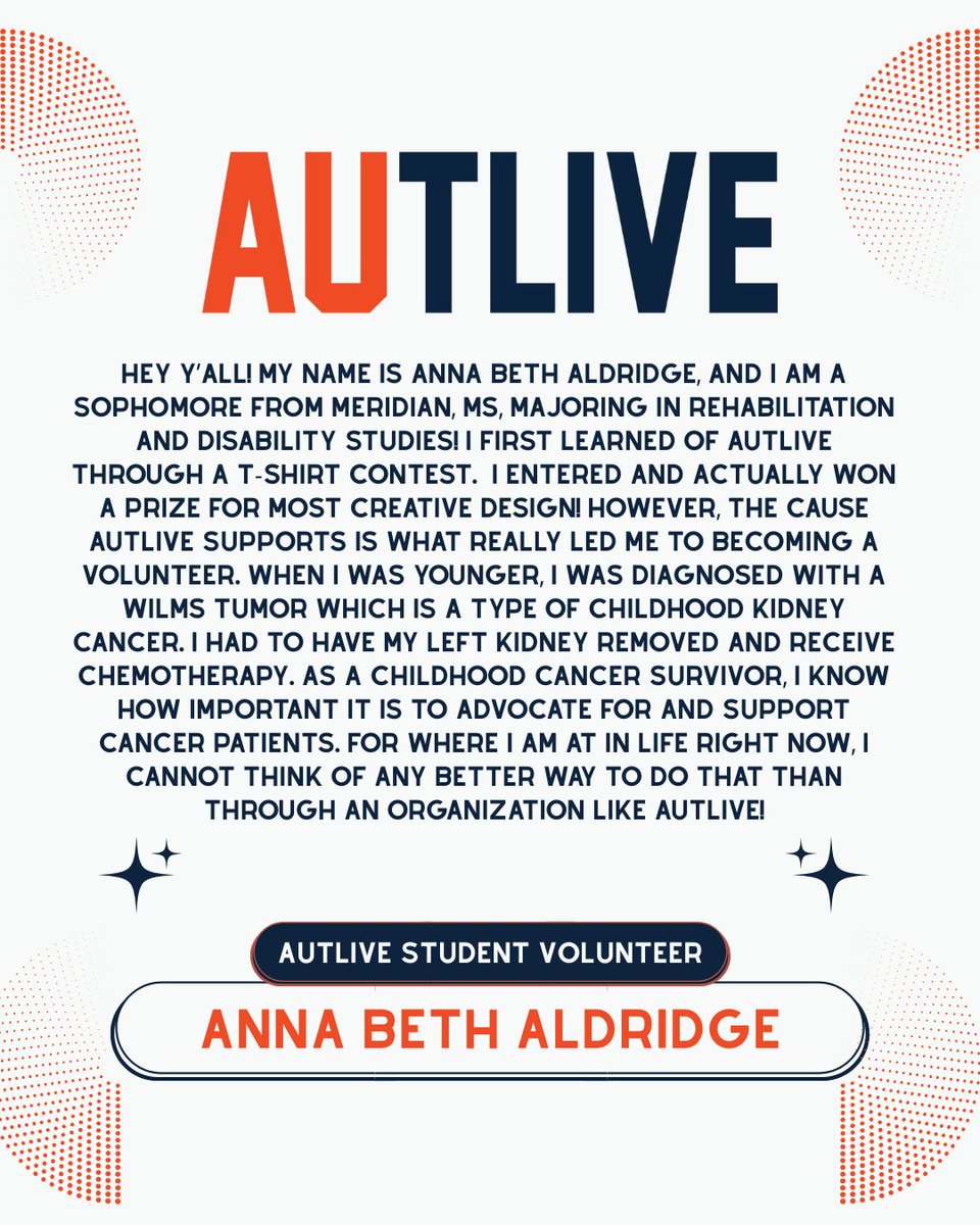 AuburnAUTLIVE's tweet photo. Meet our next student volunteer, Anna Beth. ⭐

These student leaders are the heart of AUTLive, showing up, serving big, and believing deeply in the mission.

Get to know our next volunteer and hear, in her own words, why AUTLive matters to her. 💙👇 
#AUTLive #StudentLeaders #WhyIServe