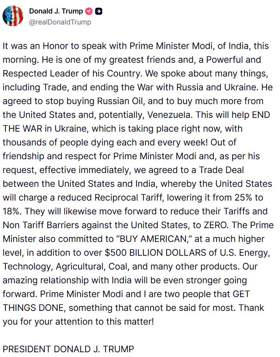 VTugnayat's tweet photo. Big trade boost for India!
The United States has cut extra tariffs on Indian goods from 25% to 18% under President Donald Trump. A positive step for India–US trade ties.
#IndiaUS #TradeBoost #TariffCut #MakeInIndia #GlobalTrade 📈🇮🇳🇺🇸 https://t.co/6JMFKuiylZ