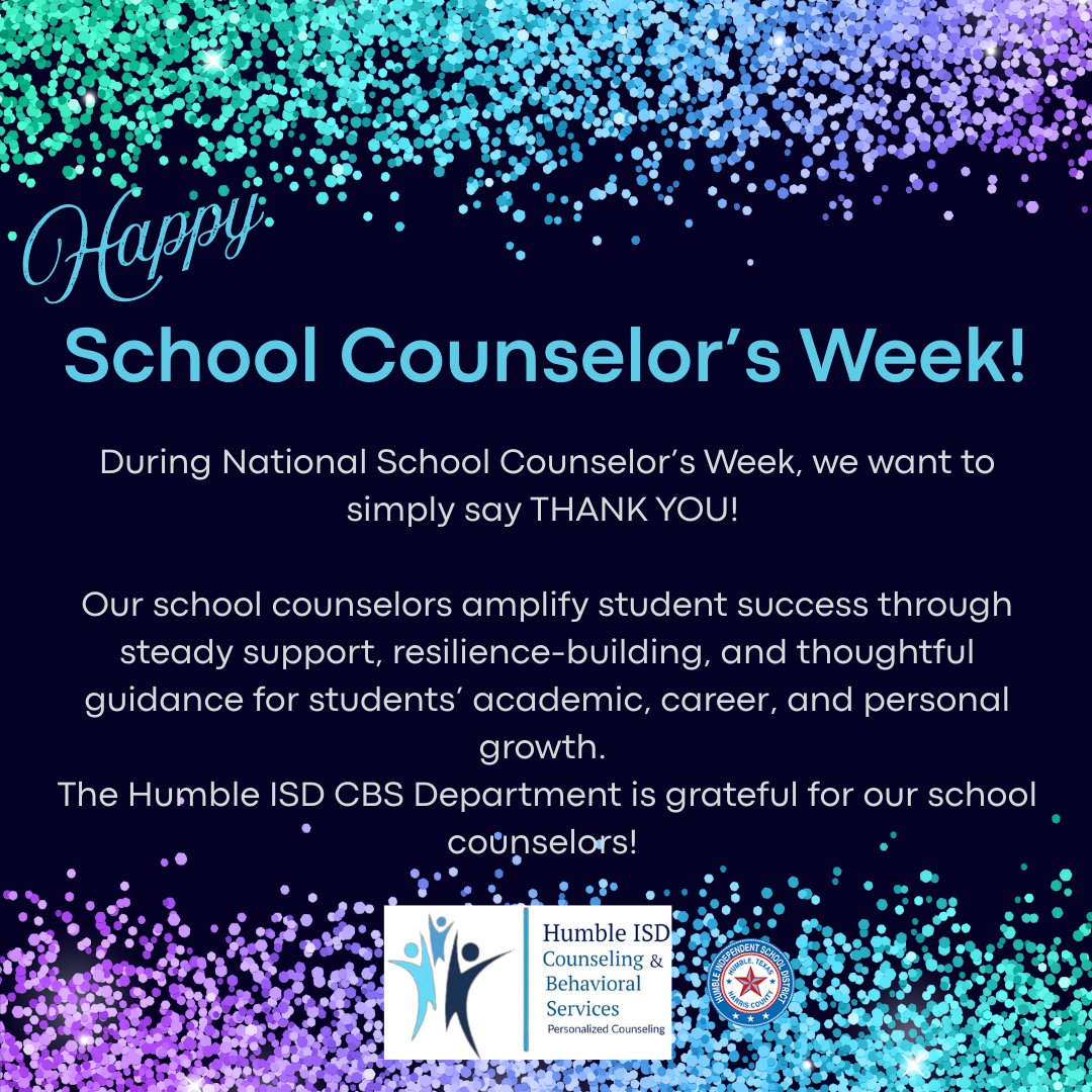 HumbleISD_CBS's tweet photo. 💙✨ It’s National School Counseling Week! This week we celebrate the heart of our schools—our Humble ISD counselors. 💙 You listen, advocate, guide, and show up for students every single day.
Thank you for being a steady presence and a powerful voice for kids! #HumbleISD https://t.co/wALsUaiLvW