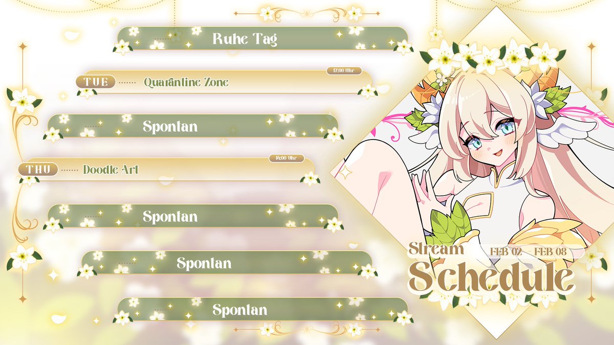 🌸💚Stream Schedule – KW 06💚🌸

Der Lilienwald bleibt diese Woche bewusst etwas ruhiger

📅Streaming-Schedule: 
🗓️Dienstag (03.02): Quarantine Zone – ab 17:00 Uhr 
🗓️Donnerstag (05.02): Doodle Art – ab 14:00 Uhr 

Weitere Tage: Spontan, wenn Zeit und Energie es erlauben.