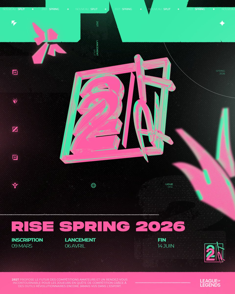 C'est le retour des annonces !

Le #2R2T Rise Spring Split 2026 c'est pour bientôt 🔥

Nous vous attendons nombreux pour déterminer quelle sera la meilleure équipe de ce split ⚔️

Rendez vous le 9 mars pour le début des inscriptions 🗓️