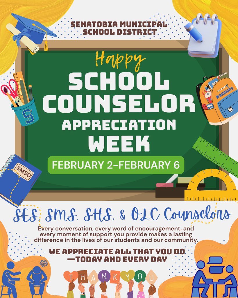 🎉 Happy School Counselor Appreciation Week!
We’re grateful for our amazing counselors at SES, SMS, SHS, and OLC.
Your support, guidance &amp; care make a lasting impact.
Thank you for all you do! 💙💛
#ThankYouCounselors #SMSDStrong #WarriorPride