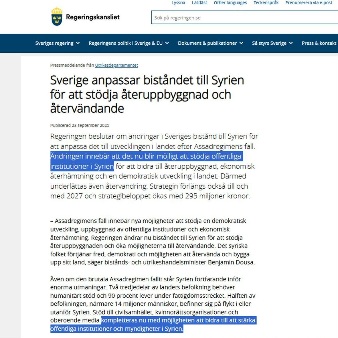 <a href="/CarlOskar/">Carl-Oskar Bohlin</a> <a href="/mrRed_gbg/">hûmmerfeskarn 🦞🇸🇪</a> <a href="/pannlampspoet/">Fläskolle</a> <a href="/jonsson_henrik/">Henrik Jönsson</a> Varför ljuger du för dina väljare och säger att ni bara ger humanitärt bistånd till Syrien, när UD själva skrivit att ni anpassar biståndet och ger det direkt till de HTS (al Qaida)-kontrollerade myndigheterna?