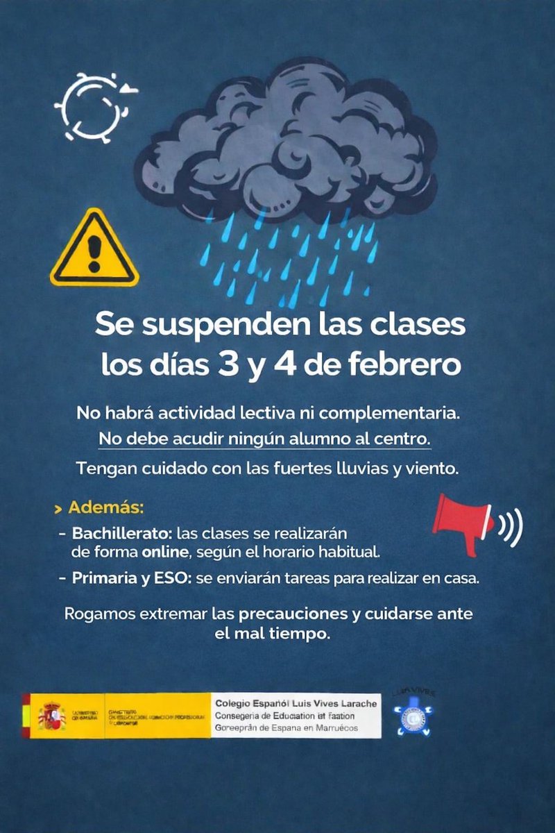 VivesCe's tweet photo. Debido a las condiciones meteorológicas adversas (fuertes lluvias y viento), se suspenden las clases presenciales los días 3 y 4 de febrero.
Bachillerato: las clases se realizarán de forma online.
Primaria y ESO: se enviarán tareas para realizar en casa.
Saludos cordiales. https://t.co/sGy6Nrvi8I
