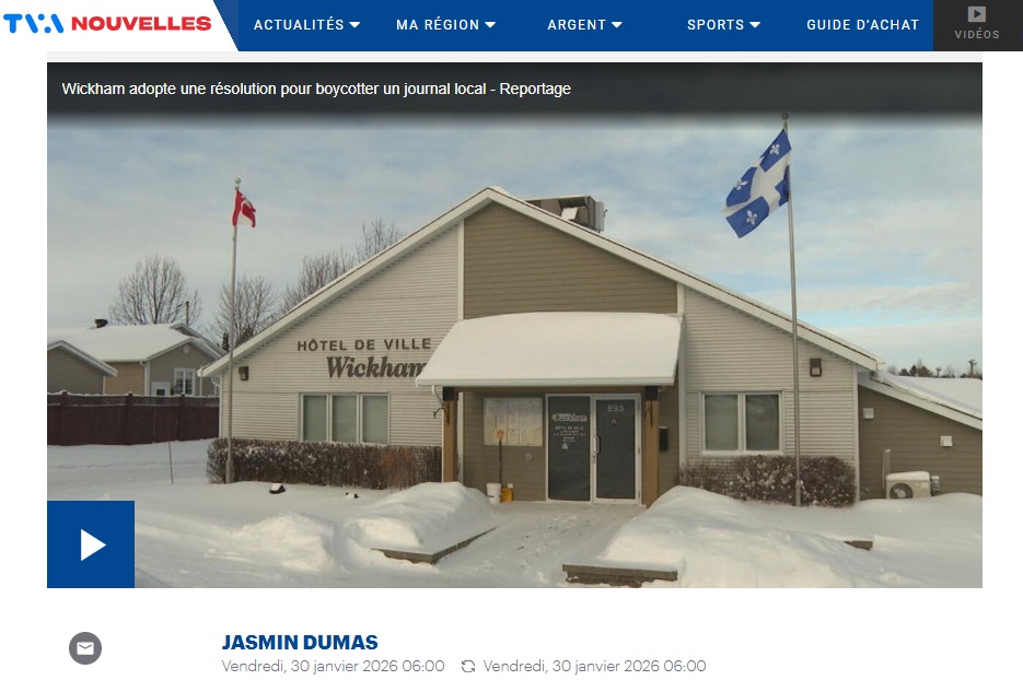 La FPJQ dénonce la décision de la municipalité de Wickham de boycotter L’Express de Drummondville, un geste sans précédent qui entache le débat démocratique au niveau local et régional.
À lire👇
fpjq.org/fr/nouvelles/w…

📷 Site web TVA Nouvelles
#medias #information #democratie