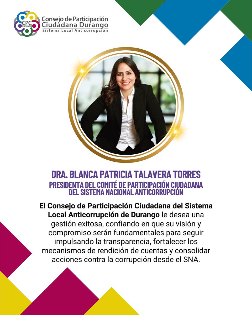El Consejo de Participación Ciudadana del #SLADurango desea una gestión exitosa, <a href="/Patitalavera/">Patricia Talavera</a> confiando en su compromiso para fortalecer la transparencia, la rendición de cuentas y el combate a la corrupción. 🤝✨

#RendiciónDeCuentas
#Anticorrupción
#ParticipaciónCiudadana