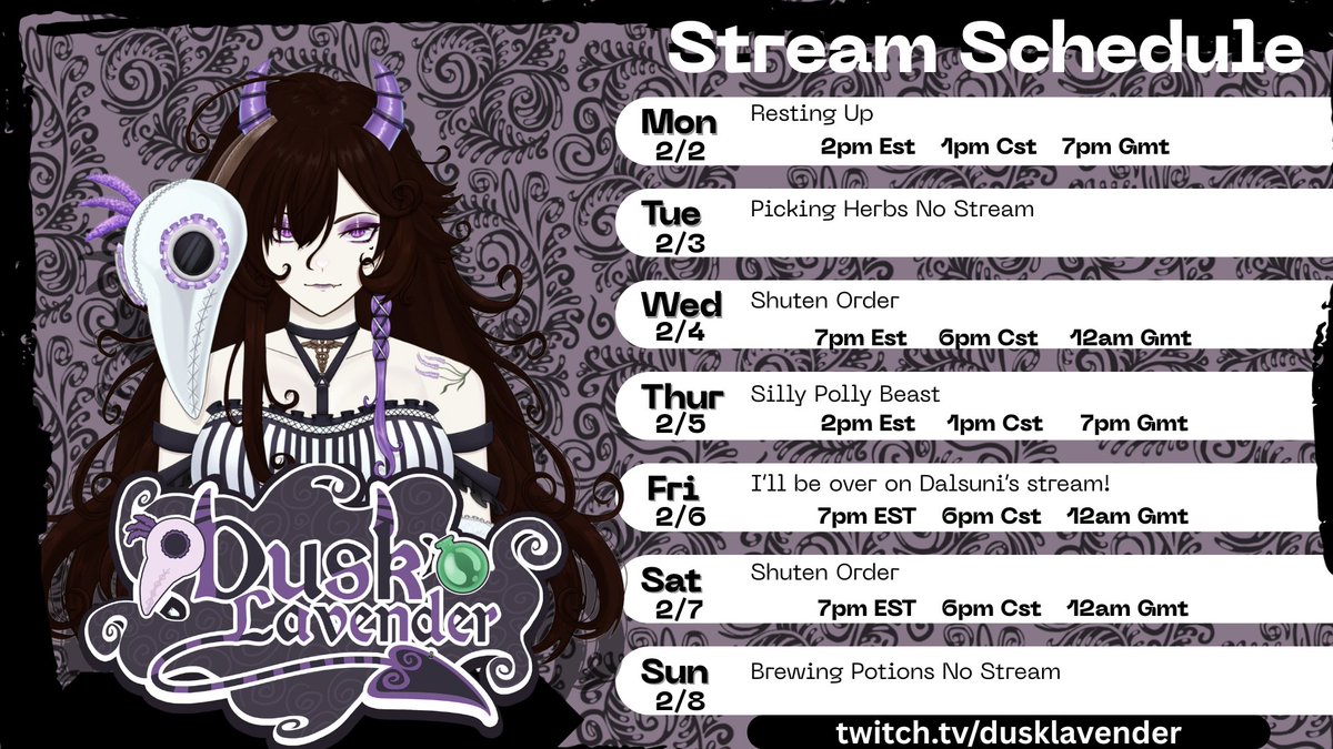 💜Your Weekly Prescription 😈
This week we begin Shuten Order and Silly Polly Beast!
Then Friday we join <a href="/DalSuniVT/">Suni 수니🌙 🚀 EN Vtuber</a> over on her channel for her 2 year anniversary!
Be sure to check in with your Plague Nurse~