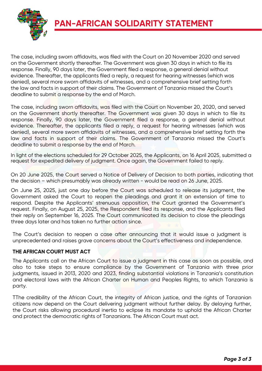 #PressStatement
The Pan-African Lawyers Union on behalf of the legal team representing several Tanzanian voters and candidates, has filed an application urging the African Court on Human and Peoples’ Rights in Arusha, Tanzania, to issue a judgment, as soon as possible, in a case