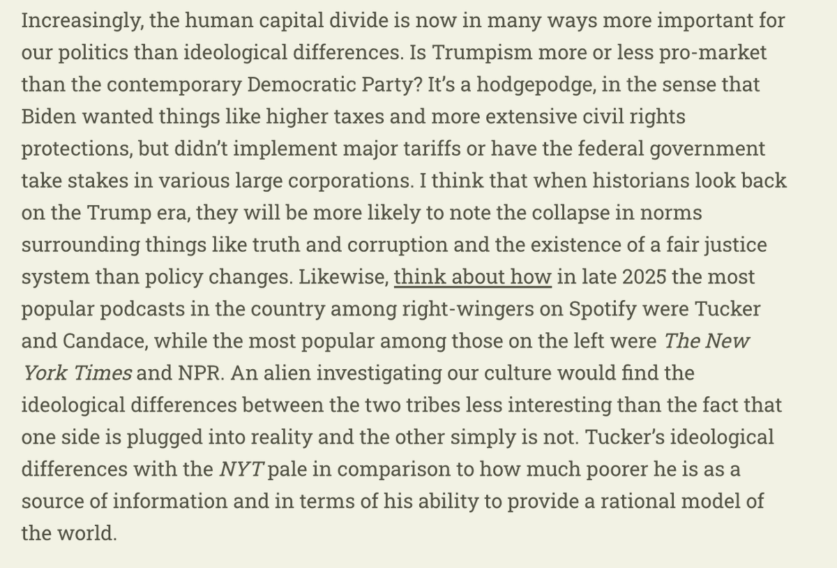 I try to explain to people that even if I disagree with the left on a lot, ideology matters less than ever.

Think about this. On Spotify, the top podcasts in the country at one point last year were NPR and NYT on the left, and Tucker and Candace on the right.

Imagine aliens