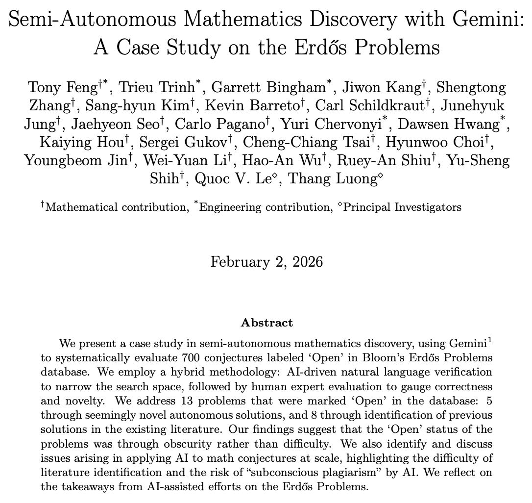 Excited to share our latest work: "Semi-Autonomous Mathematics Discovery with Gemini." We used Gemini to systematically evaluate 700 "open" conjectures in the Erdős Problems database.

The result? We addressed 13 problems marked as open—finding 5 novel autonomous solutions and