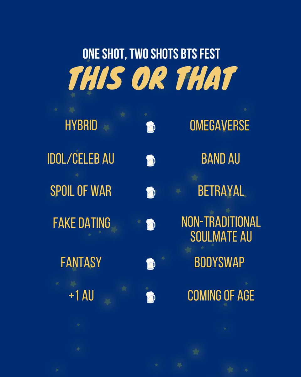 Some this or that anyone?🍺

Choose your fave tropes and qrt to share your results!

Each of these tropes is part of our wonderful selection of prompts so take a shot and claim one!⤵️

🔗collection: archiveofourown.org/collections/BT…