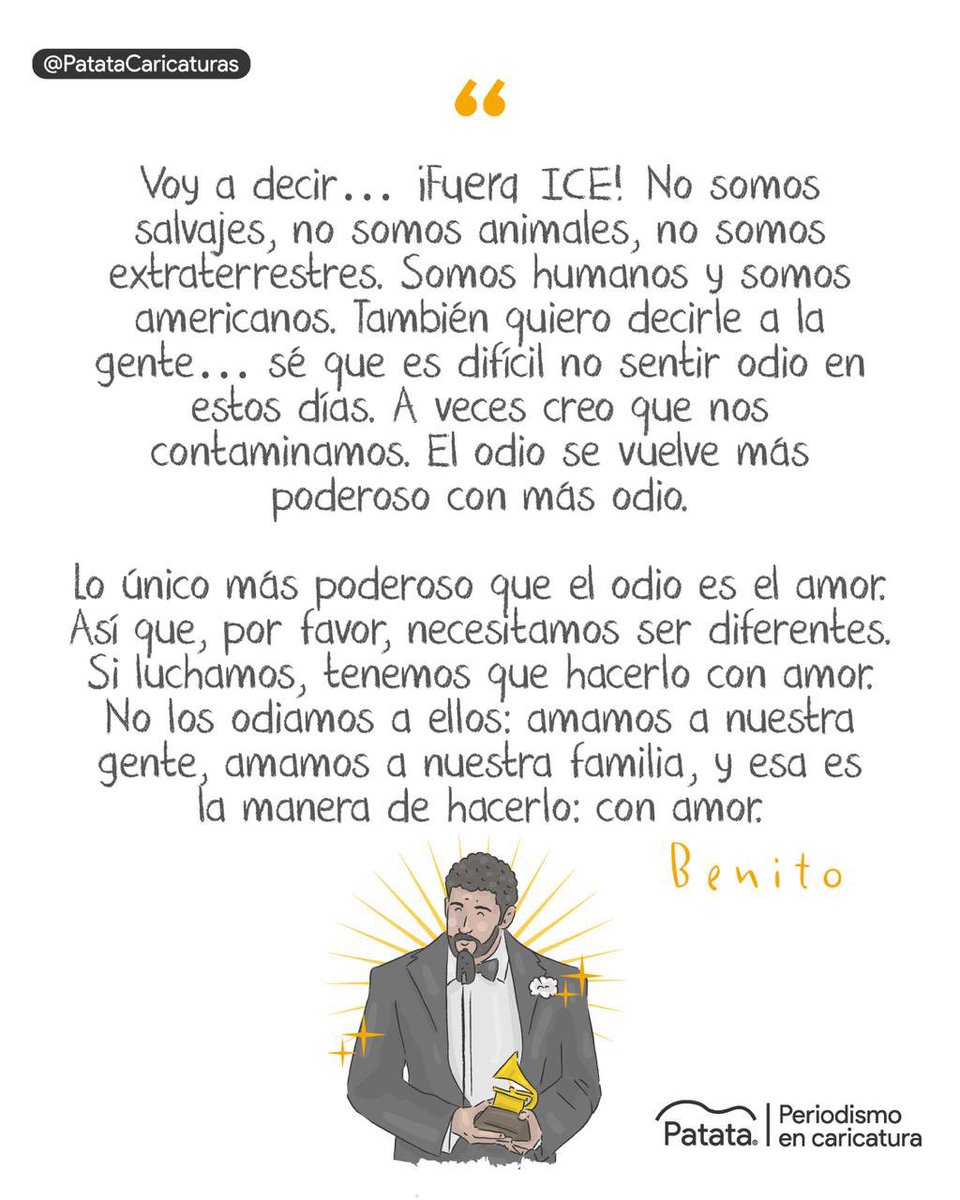PATATAdibujo's tweet photo. El discurso de Bad Bunny como ganadora de los Premios Grammy 🫱🏼‍🫲🏽🎶 https://t.co/zAloVfcDaL