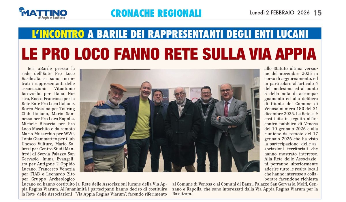 prolocobas's tweet photo. Costituita la Rete lucana delle Associazioni della Via Appia Regina Viarum

#rassegnastampa 
si ringraziano
@IlMattinoFoggia
@quotidianoweb
@LaNuovadelSud

#ViaAppia #reginaviarum 
#rete #asscociazioniviaappia
#proloco #basilicata #prolocobasilicata https://t.co/sS7acczdo3