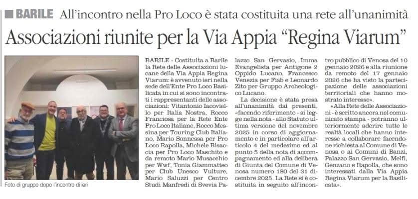 prolocobas's tweet photo. Costituita la Rete lucana delle Associazioni della Via Appia Regina Viarum

#rassegnastampa 
si ringraziano
@IlMattinoFoggia
@quotidianoweb
@LaNuovadelSud

#ViaAppia #reginaviarum 
#rete #asscociazioniviaappia
#proloco #basilicata #prolocobasilicata https://t.co/sS7acczdo3