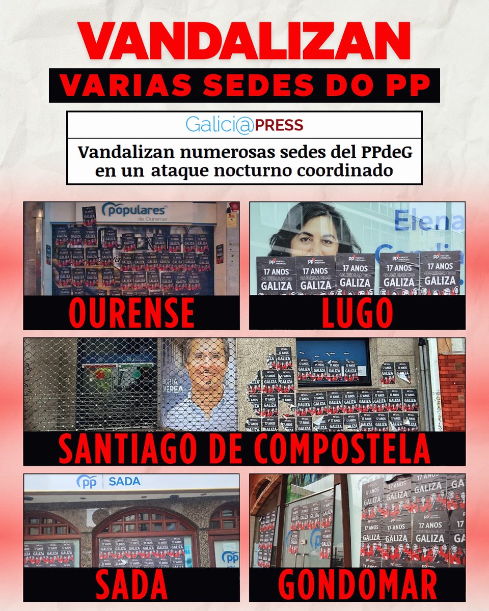 ppdegalicia's tweet photo. Empapelar sedes do Partido Popular en Galicia non é activismo: é vandalismo covarde e organizado.

🚩 Cruzaron todas as liñas vermellas! O independentismo galego basea a súa política na conflitivade social, e iso non representa a Galicia. https://t.co/YhAwl3tFrc