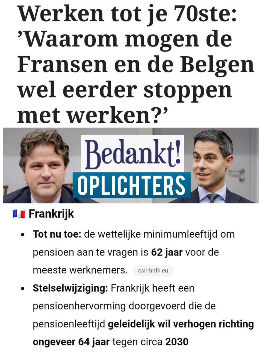Nederlanders zijn straks helemaal de 'gekke Henkies' van Europa. Lekker verplicht werken tot je 70e + 9 maanden. Wat een vreselijk afbraakbeleid gaat Kabinet #Jetta voeren rond maatschappelijk welzijn! En bedankt, oliedomme #D66 en #CDA stemmers!