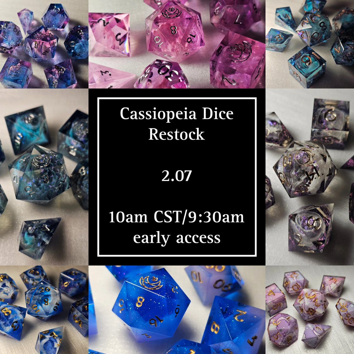 CassiopeiaDice's tweet photo. Restock Saturday!! So many pretty sets that need homes 💜
#dice #dnd #ttrpg https://t.co/0LnabXg5rZ