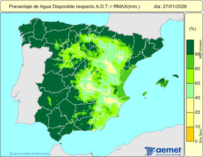 ATENCIÓN: Este mapa muestra cuánta agua puede absorber todavía el suelo antes de saturarse, según los cálculos de <a href="/AEMET_Esp/">AEMET</a> .Es decir indica si la tierra está seca… o ya completamente empapada.

🟡 Zonas claras → el suelo aún puede absorber bastante agua
🟢 Zonas verdes → el